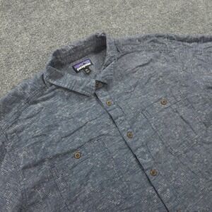 Patagonia‎ Shirt Mens XXL Blue Back Step Hemp Organic Cotton Short Sleeve Hike